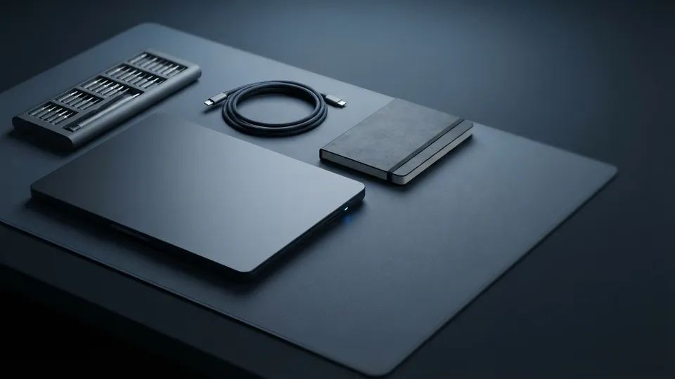 Tidy editor's bench with a closed laptop, a precision screwdriver set in its case, a coiled cable and a dark blank notebook