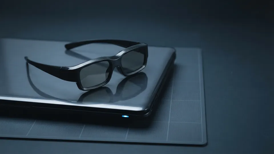 Pair of dark 3D glasses resting on the glossy lid of a closed laptop from around 2010