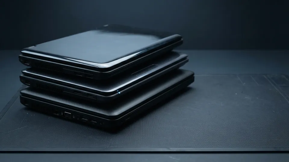 Stack of three glossy black budget laptops from 2009 with visible side ports