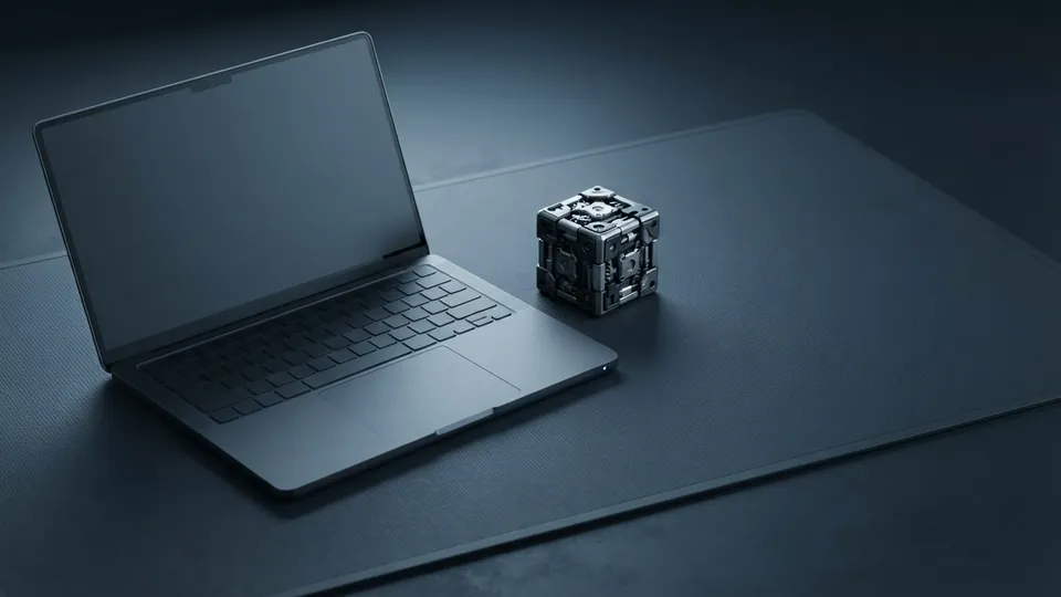 Open laptop with a dark screen beside a small metal mechanical puzzle cube