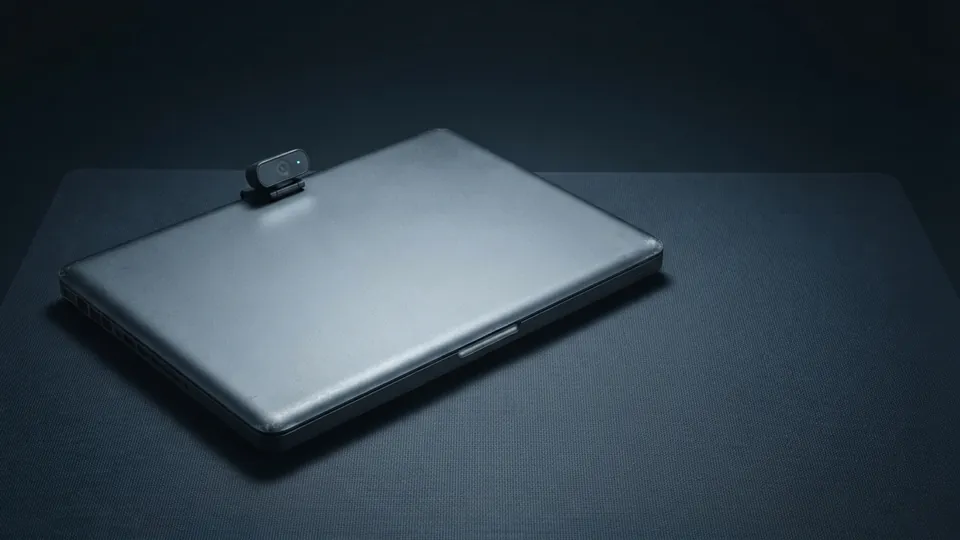 Closed silver laptop from around 2011 with a small clip-on webcam mounted on the lid