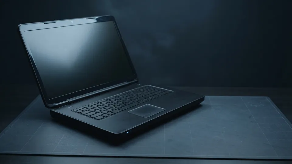 Very large 18 inch desktop-replacement laptop from around 2010, open with a dark screen and a full keyboard
