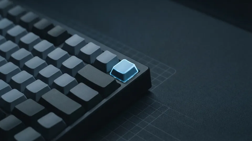 Close view of a keyboard's top row of plain keycaps with one key lit by an ice-blue glow