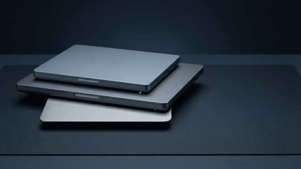 Three laptops of different sizes stacked and offset to compare footprint and thickness
