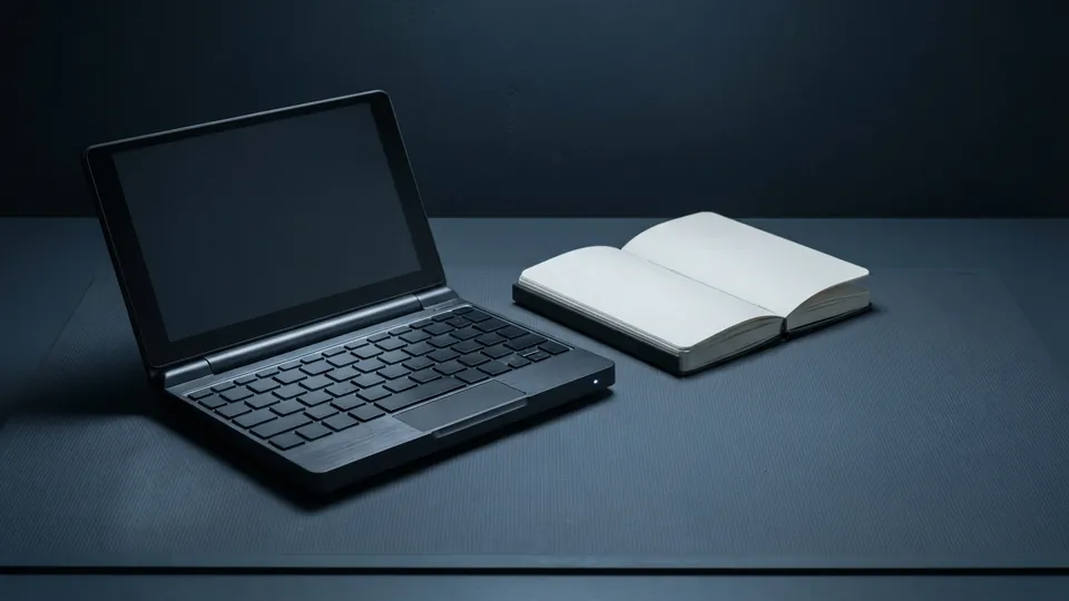 Very small 11 inch laptop open beside a paperback-sized blank notebook for scale