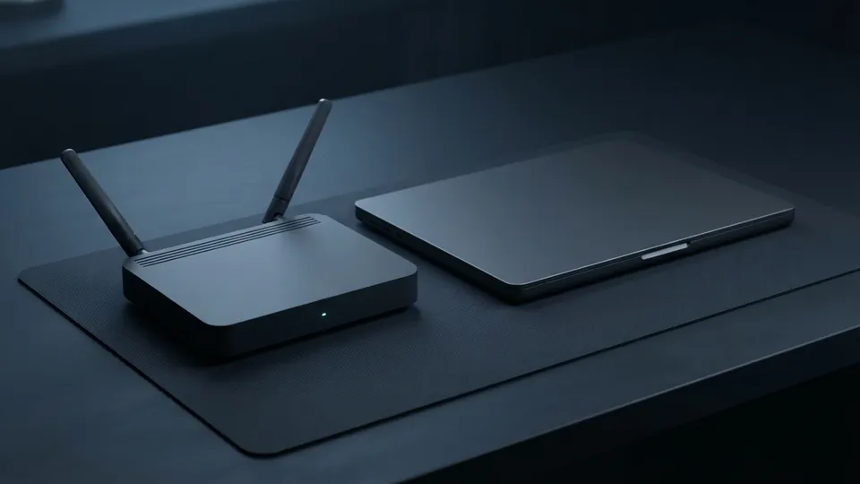 Matte black home Wi-Fi router with two antennas beside a closed laptop