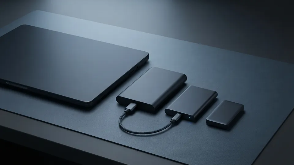 Three external drives of different sizes lined up beside a closed laptop, one connected by a short cable