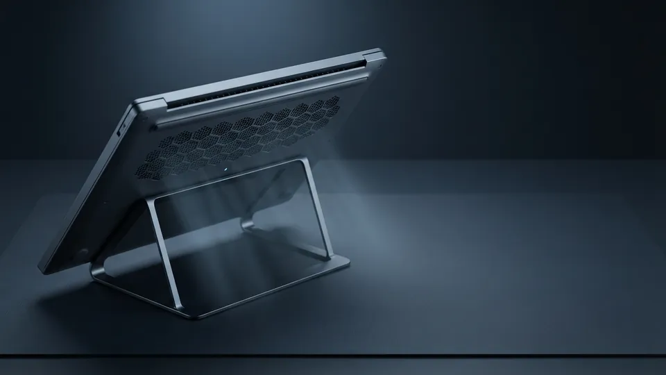 Underside of a laptop raised on a slim metal stand, its vent grille exposed and a faint stream of cool air lit below