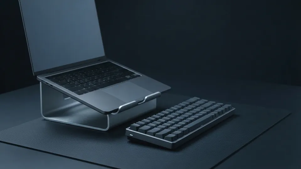 Laptop raised to eye level on an aluminium stand beside a separate low-profile keyboard with blank keycaps