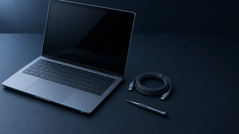 An open slim laptop with a dark screen on a slate workbench mat, beside a coiled braided charging cable and a precision screwdriver